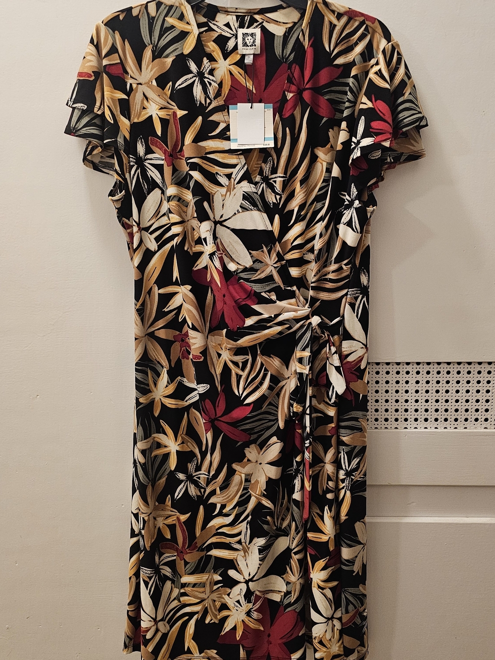Anne Klein Black Floral Wrap Midi Dress with Red & Cream Tropical Print